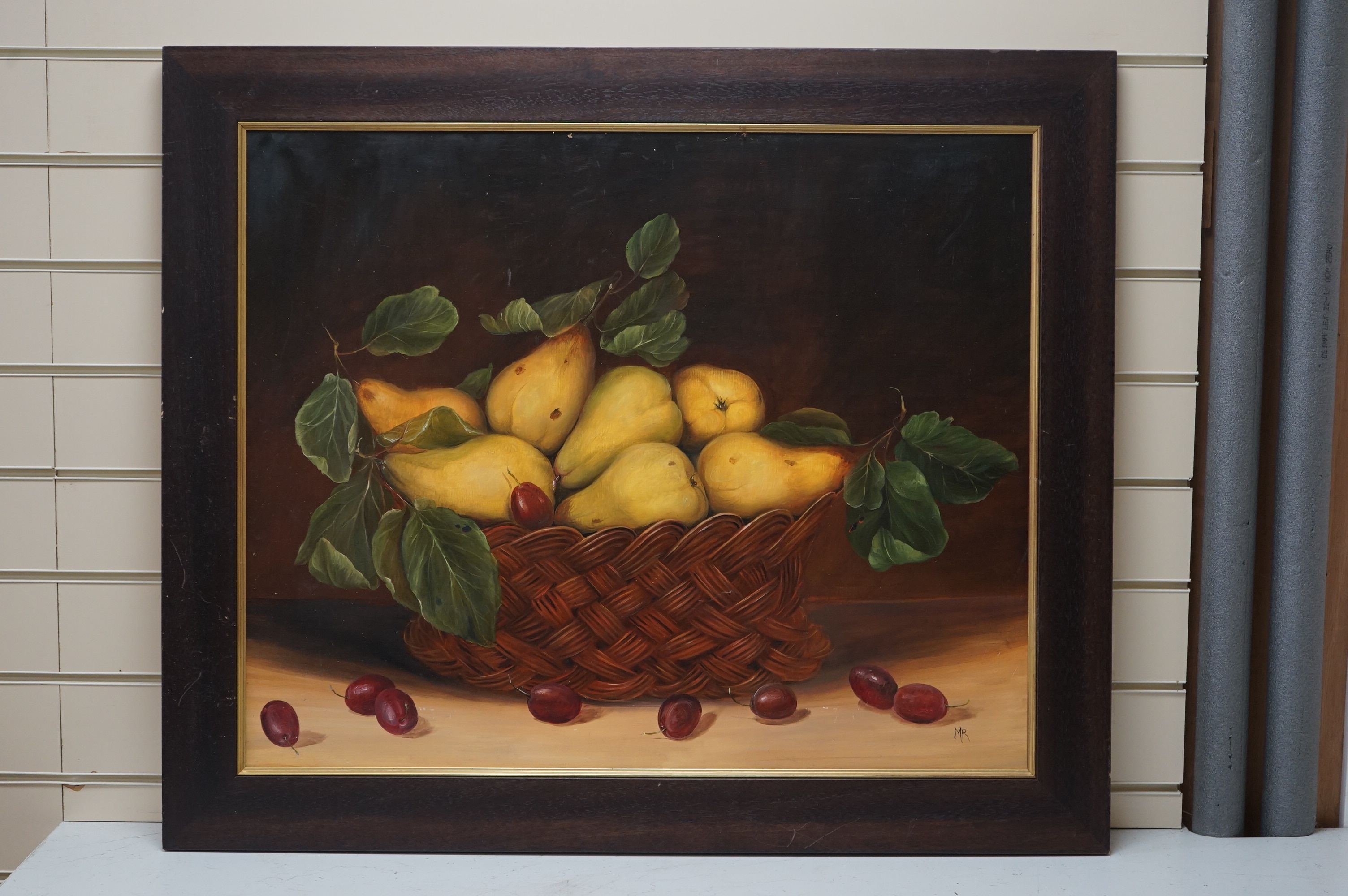 Dutch style oil on board, Still life of fruit in a basket, initialled M.R, 60 x 72cm. Condition - good